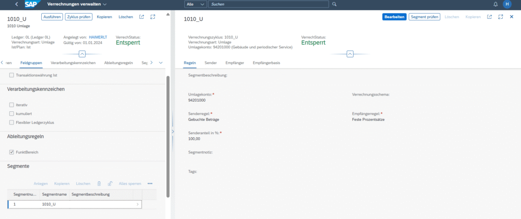 Screenshot der SAP S/4HANA Universal Allocation App ‚Verrechnungen verwalten‘ mit Übersicht über Kostenstellen, Verrechnungszyklen und Allokationsregeln