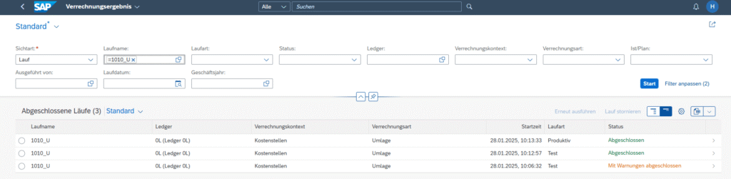 Screenshot der SAP S/4HANA Universal Allocation App ‚Verrechnungsergebnisse‘ mit detaillierter Darstellung der Allokationsergebnisse und Transparenz über Kostenflüsse