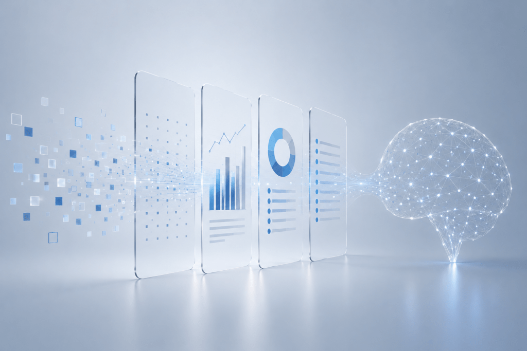 Abstract Visualization for Knowledge-Based Decision-Making: ERP data and corporate knowledge are analyzed using AI and linked to inform well-founded recommendations for action.
