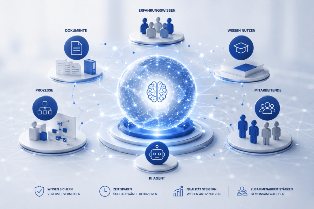 Visualisierung für KI-basiertes Wissensmanagement mit zentralem Wissenshub, der Dokumente, Prozesse, Erfahrungswissen, Mitarbeitende und einen KI-Agenten intelligent miteinander vernetzt.