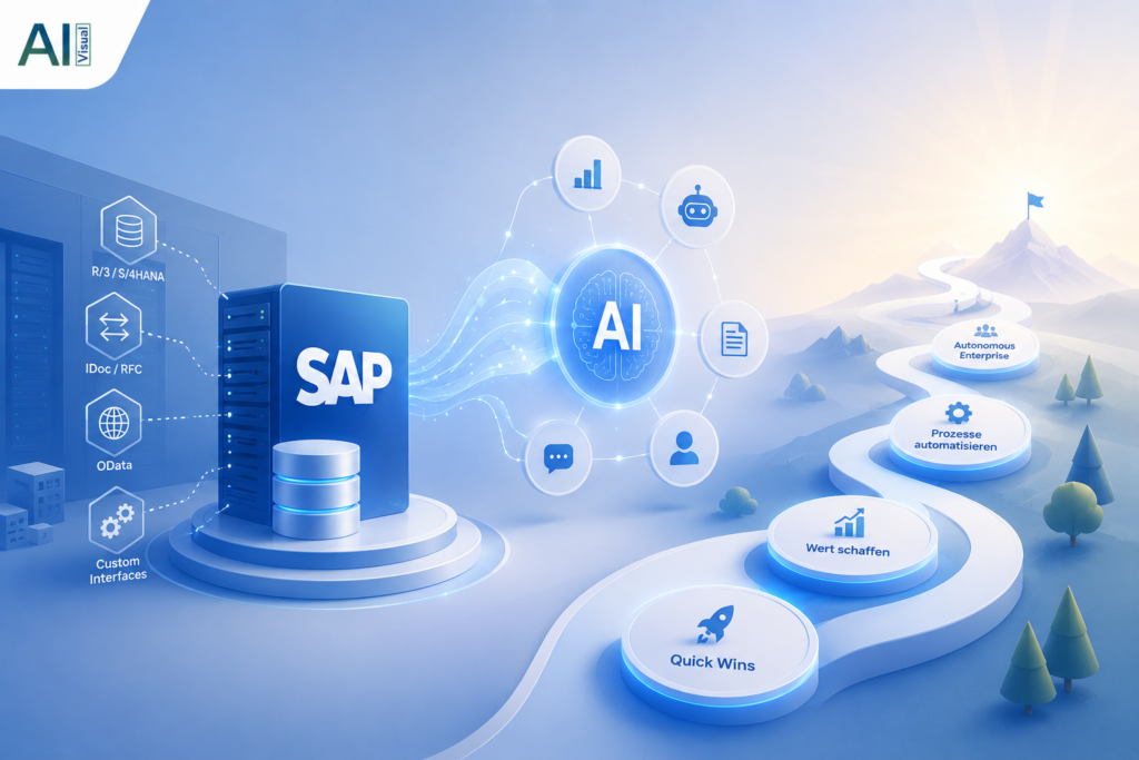 KI mit SAP On-Premise: Bestehende SAP-Systeme werden über Schnittstellen mit KI verbunden und für automatisierte Prozesse genutzt.