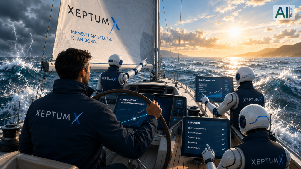 Mensch steuert ein Segelboot, während KI-Agenten im Unternehmen Analysen durchführen, Risiken erkennen und bei Entscheidungen unterstützen – Symbolbild für das Autonomous Enterprise.