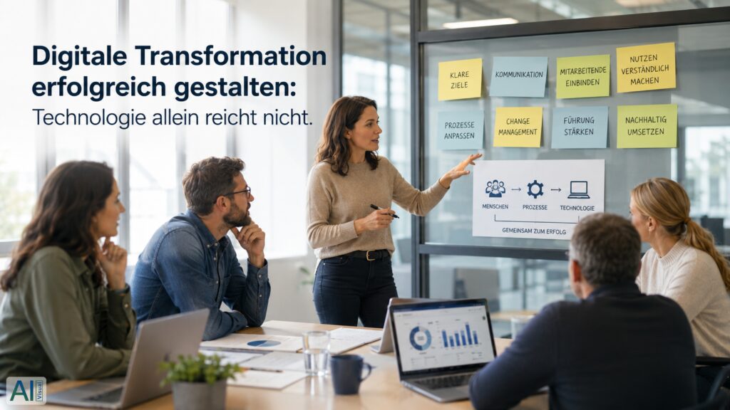 Workshop zur digitalen Transformation im Unternehmen: Ein Team entwickelt gemeinsam Strategien für Kommunikation, Change Management und die erfolgreiche Einführung neuer Technologien.