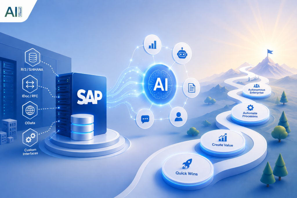 AI with SAP On-Premise: Existing SAP systems are connected to AI via interfaces and used for automated processes.