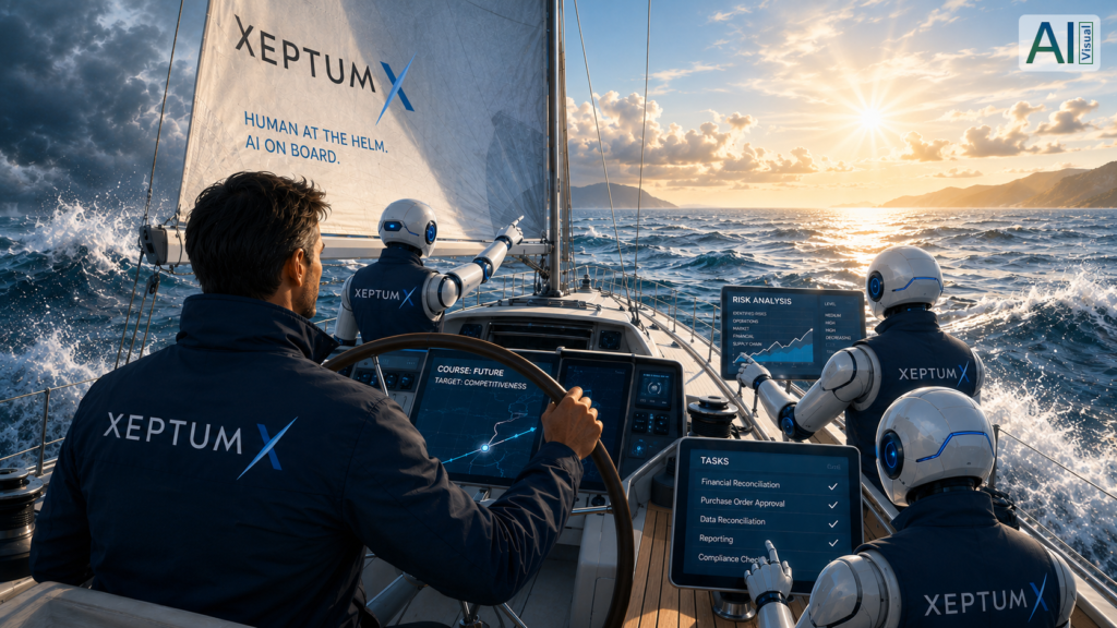 A person steers a sailboat while AI agents within the company perform analyses, identify risks, and assist with decision-making—an illustration of the Autonomous Enterprise.