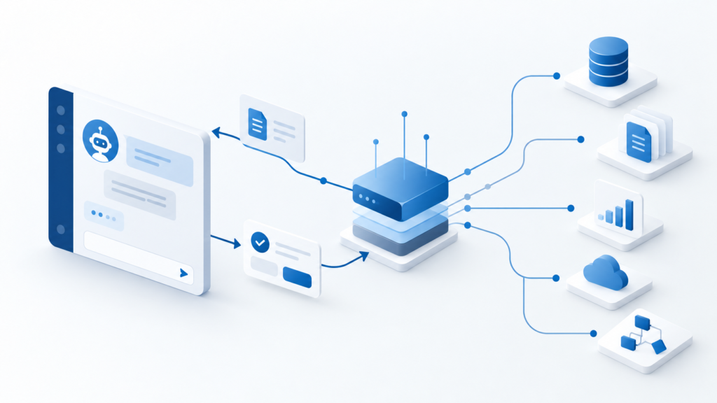 MCP-Server verbindet KI-Anwendung mit Unternehmenssystemen zum Datenabruf und zur Ausführung freigegebener Aktionen.